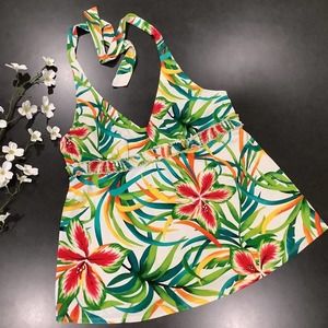 Motherhood Maternity Tankini Swimsuit Top Tropical Floral Botanical Print Halter